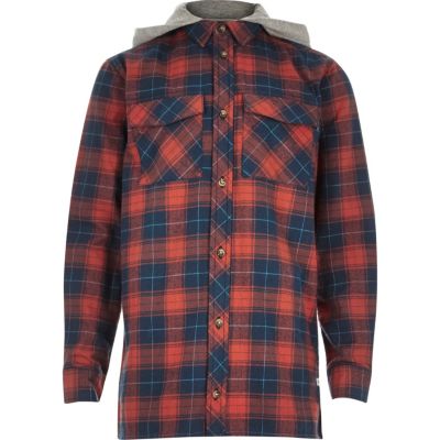 Boys red check hooded shirt jacket